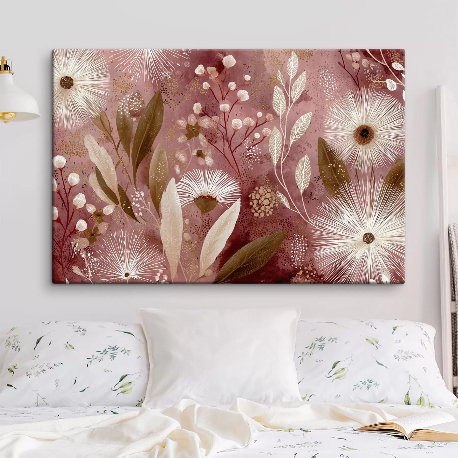Wandbilder Boho-Stil weiße Blumen auf dem roten Hintergrund, detaillierte Zeichnung s44979