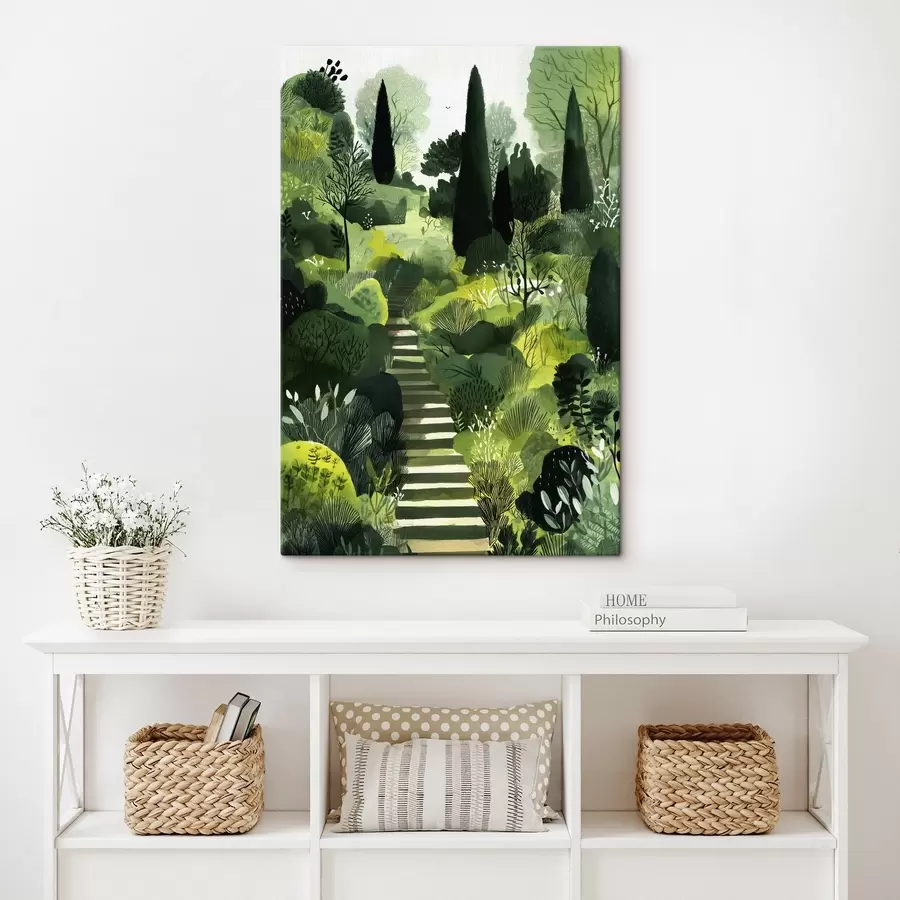 Wandbilder Grüne Hügel mit Bäumen und Sträuchern, Betontreppen, üppige Farben s44980