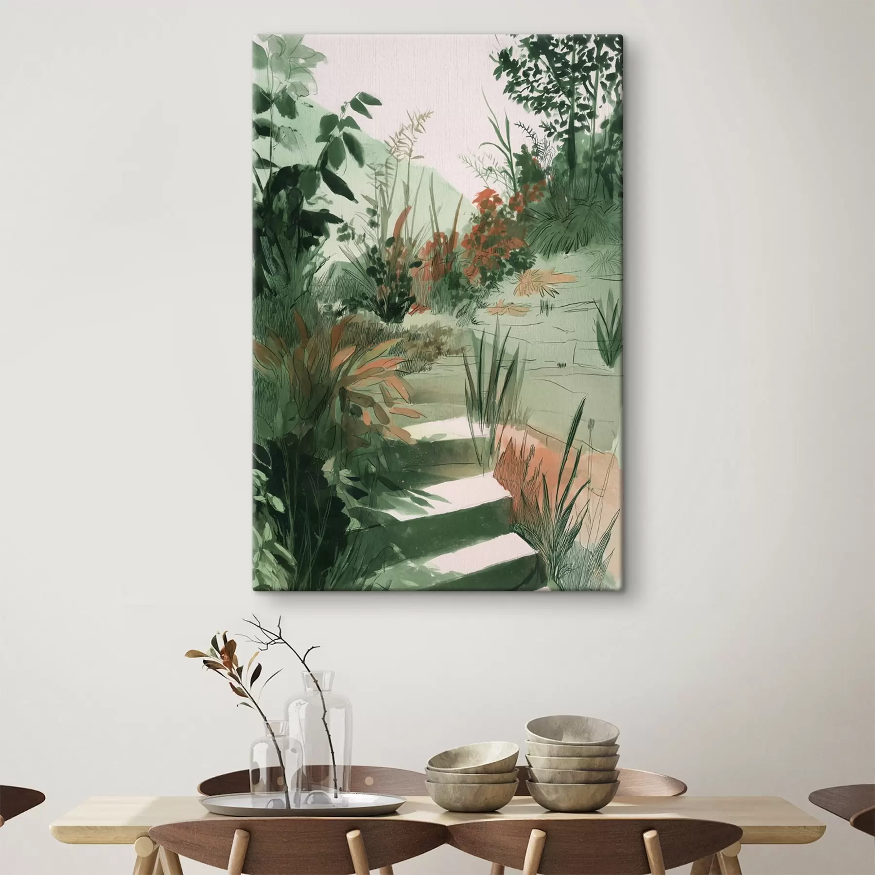 Wandbilder Orientalischer Garten mit Büschen und Bäumen, grüne Farben s44982
