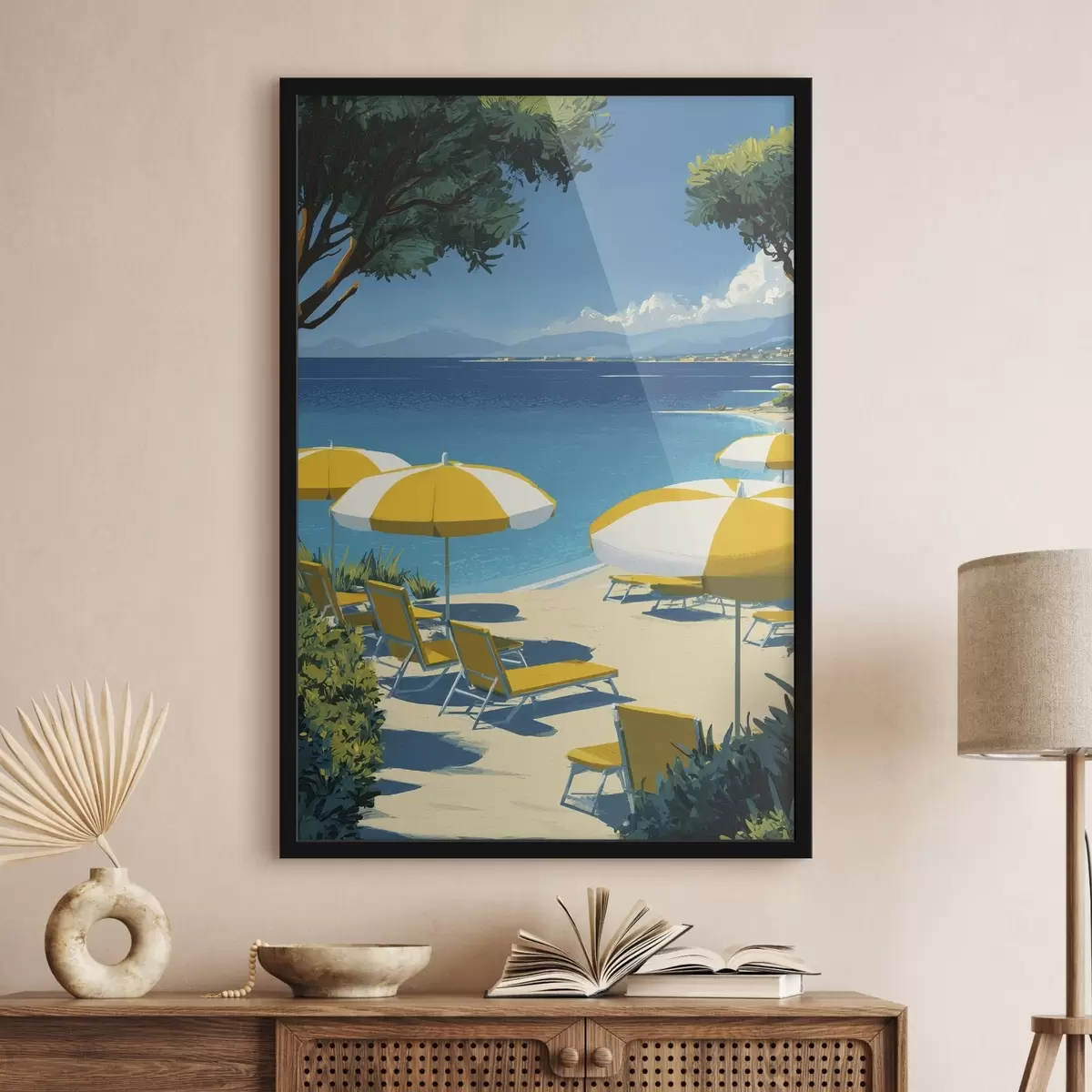Poster Sommerstrand mit Sonnenschirmen und Bäumen f44974