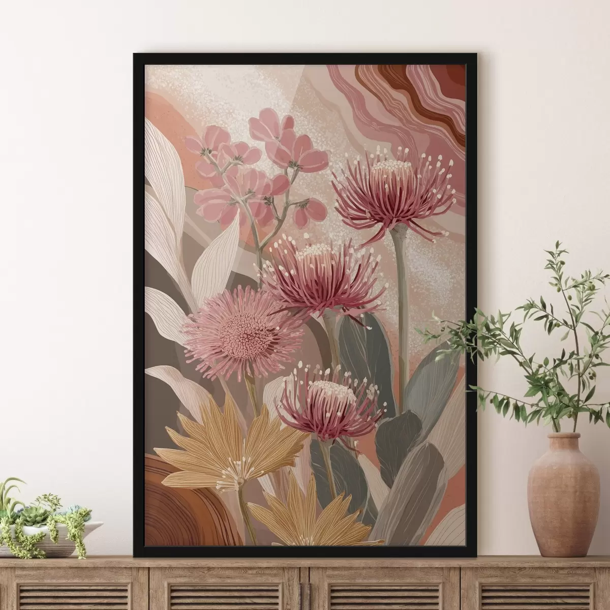 Poster Schöne Blumen, Öl-Stil Zeichnung, rot und rosa Farben f44975