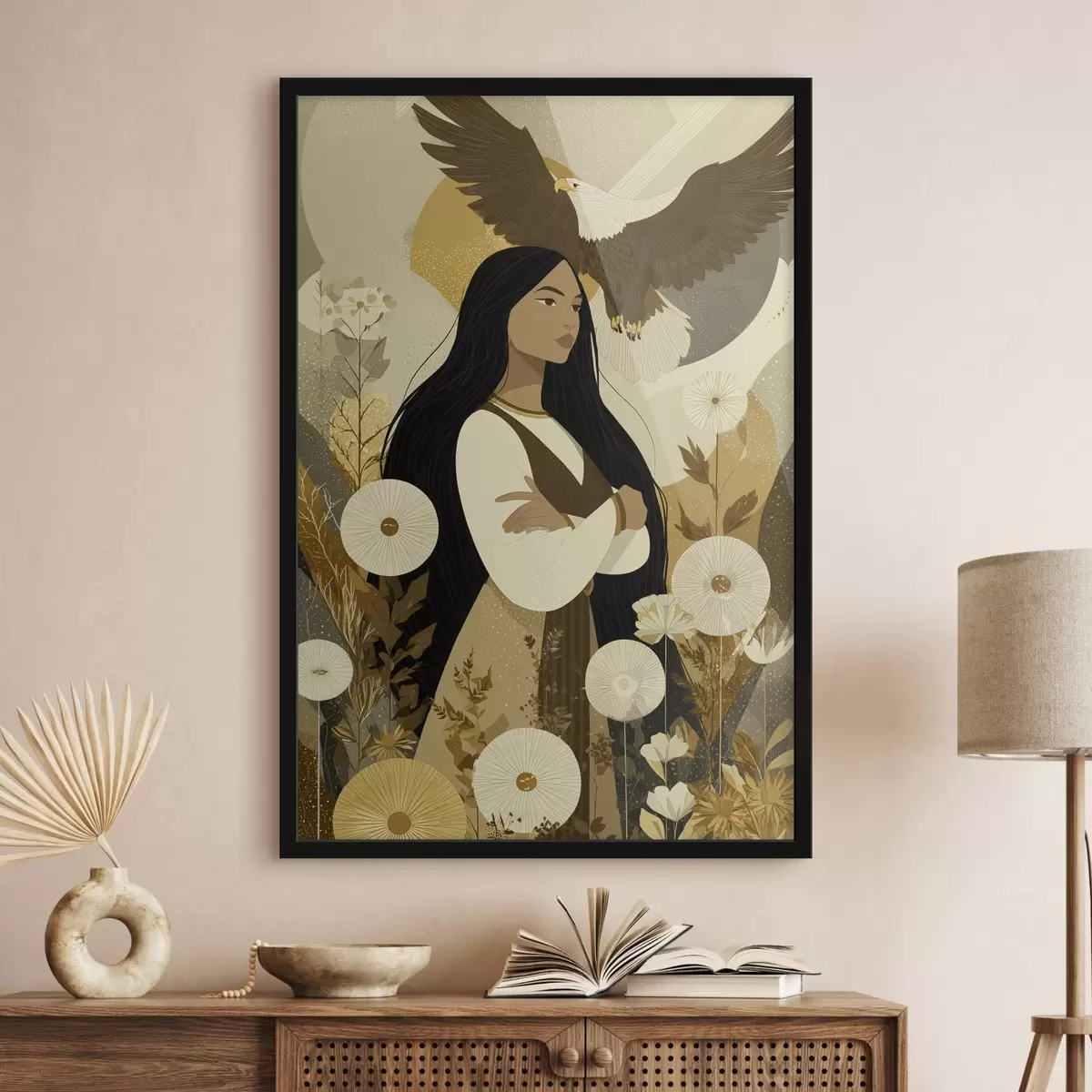 Poster Frau mit fliegendem Adler, Tribal-Stil, beige Farben f44977
