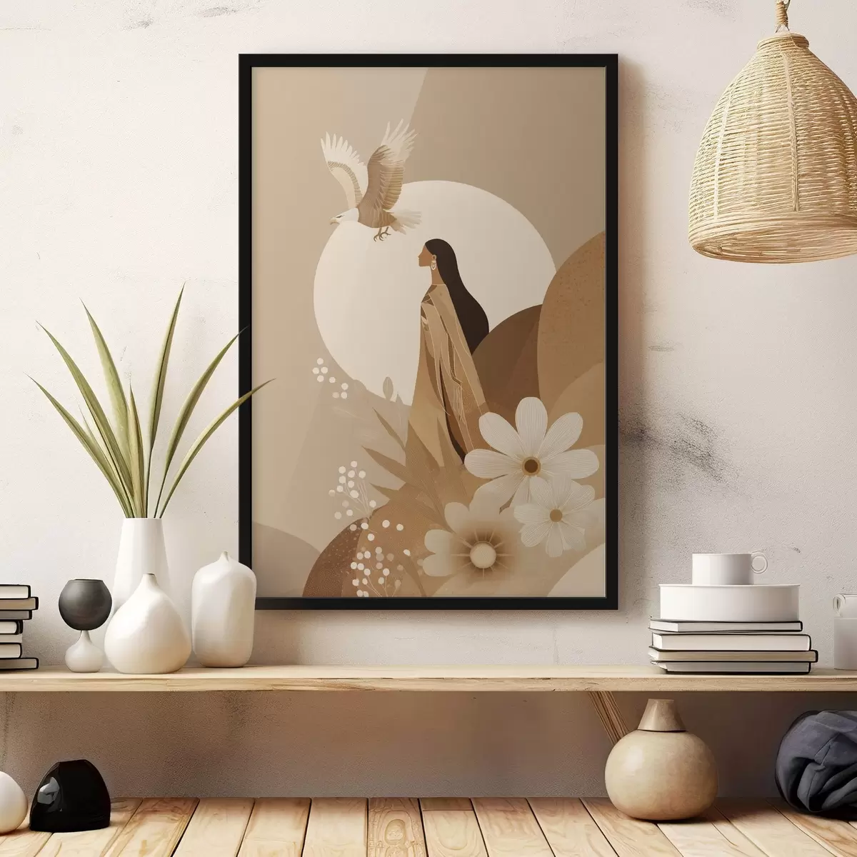 Poster Abstraktion mit Frau und Adler in den Himmel, beige Farben f44978