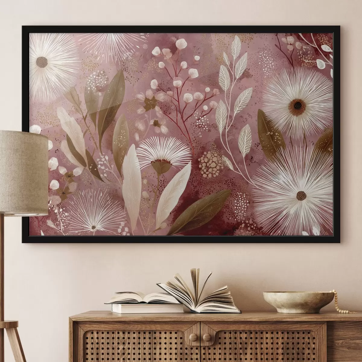 Poster Boho-Stil weiße Blumen auf dem roten Hintergrund, detaillierte Zeichnung f44979