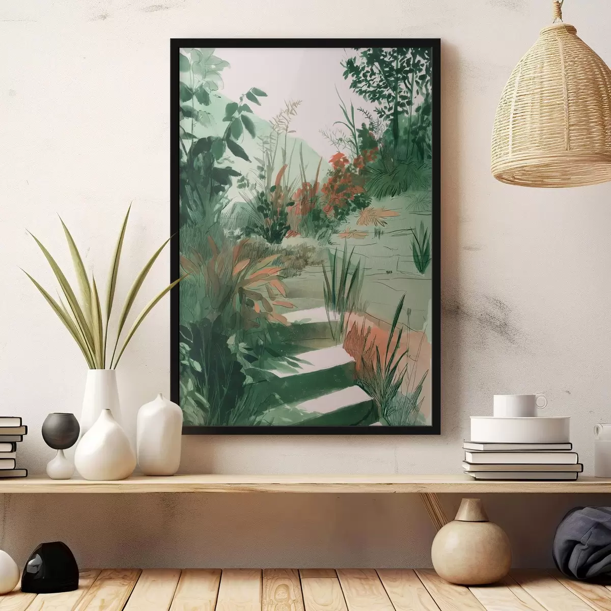 Poster Orientalischer Garten mit Büschen und Bäumen, grüne Farben f44982