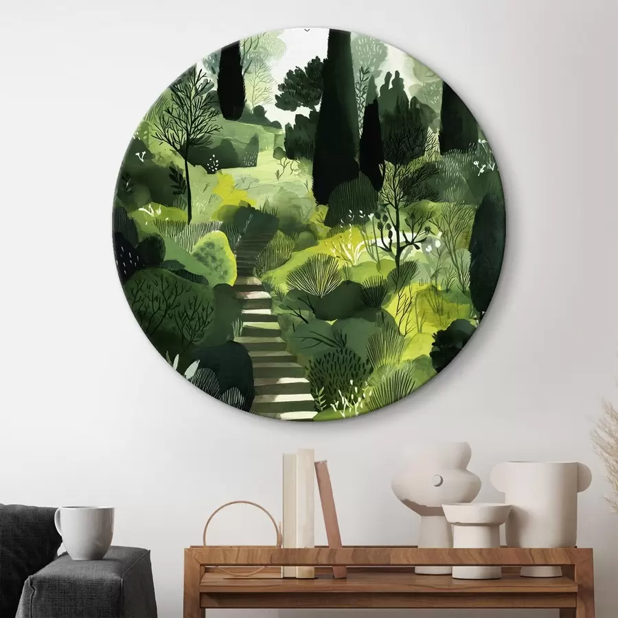 Wandbilder Grüne Hügel mit Bäumen und Sträuchern, Betontreppen, üppige Farben r44980