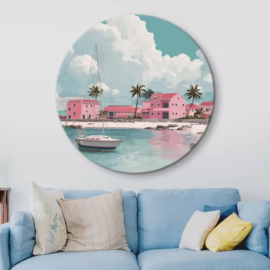 Wandbilder Rosa Strand mit strahlendem Sonnenschein, Segelboot und Häusern r44986