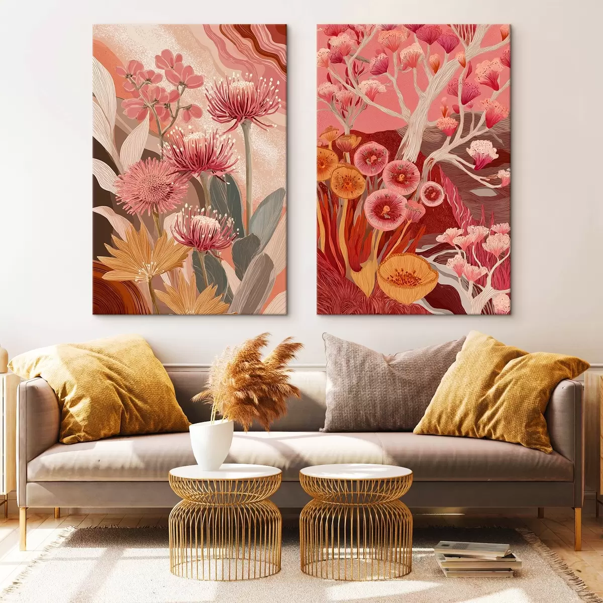 Wandbilder Blumen im Boho-Stil, detaillierte Zeichnung, burgunderrote Farben m00476