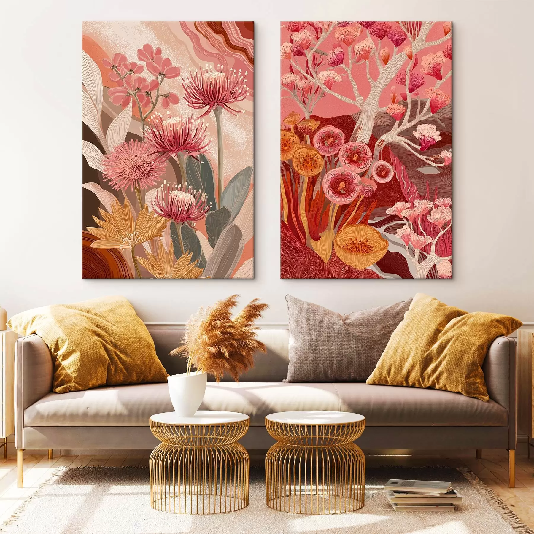 Wandbilder Blumen im Boho-Stil, detaillierte Zeichnung, burgunderrote Farben m00476