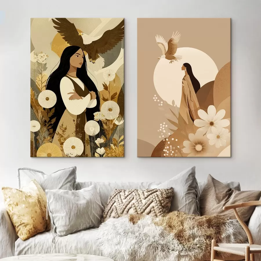 Wandbilder Frauen mit fliegenden Adlern, Tribal-Stil, beige Farben m00477