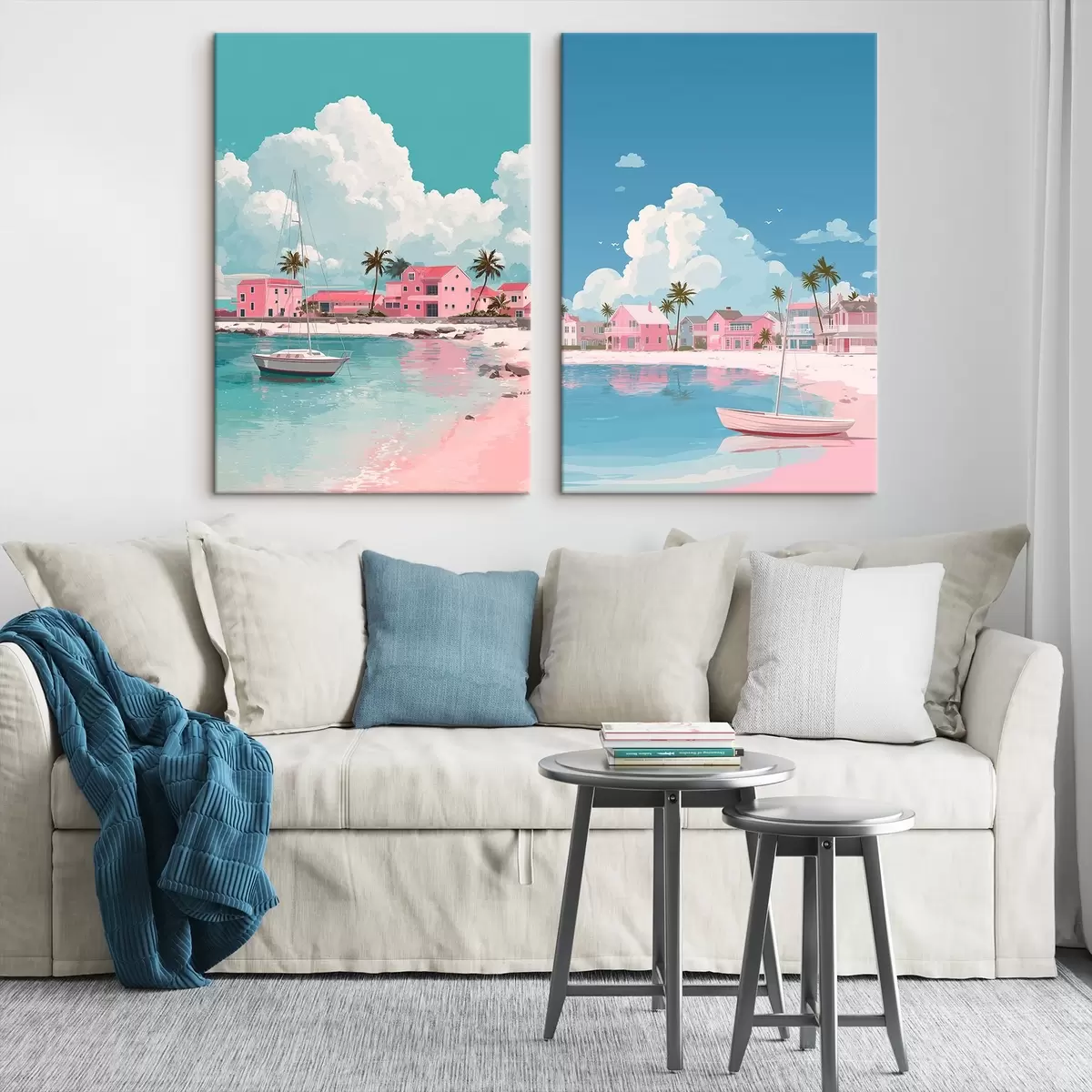 Wandbilder Rosa Sommerstrand mit Sonne, Segelboot und Häusern m00479