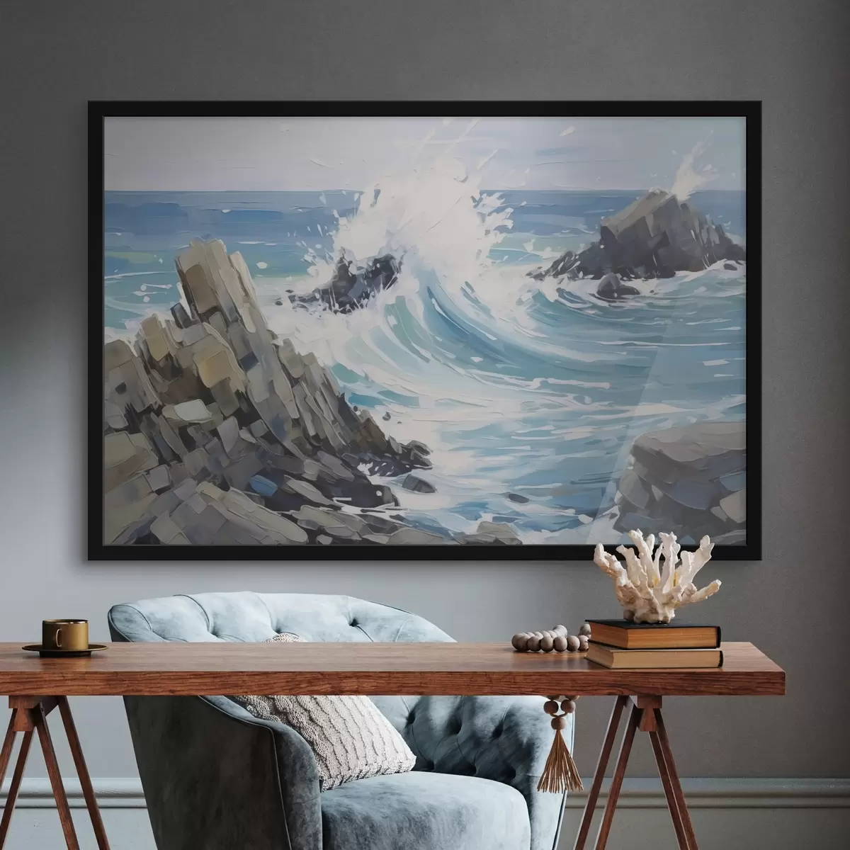 Poster Welle an einem felsigen Ufer f45021