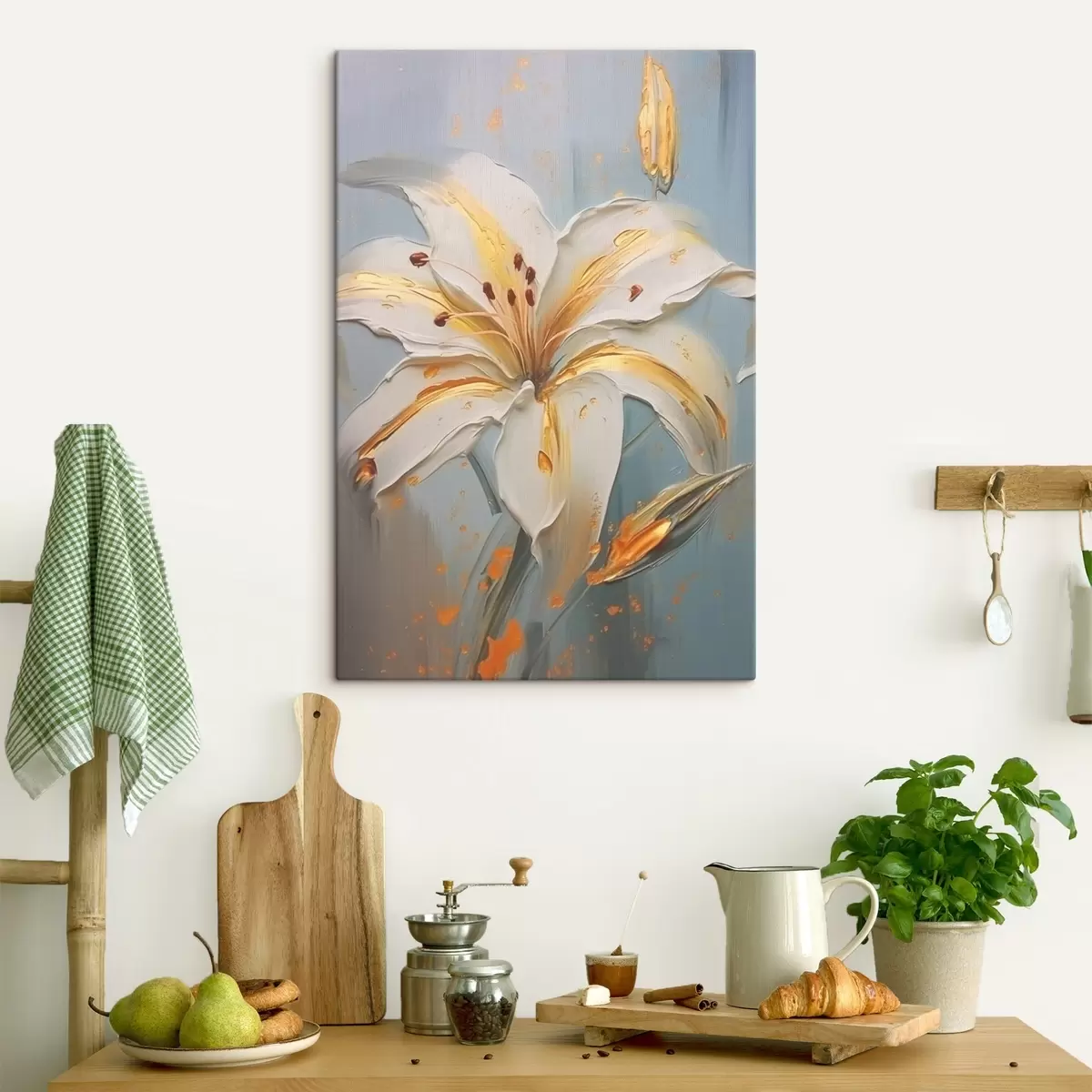 Wandbilder Weiße Lilie mit gelben Strichen auf blauem Hintergrund s45077