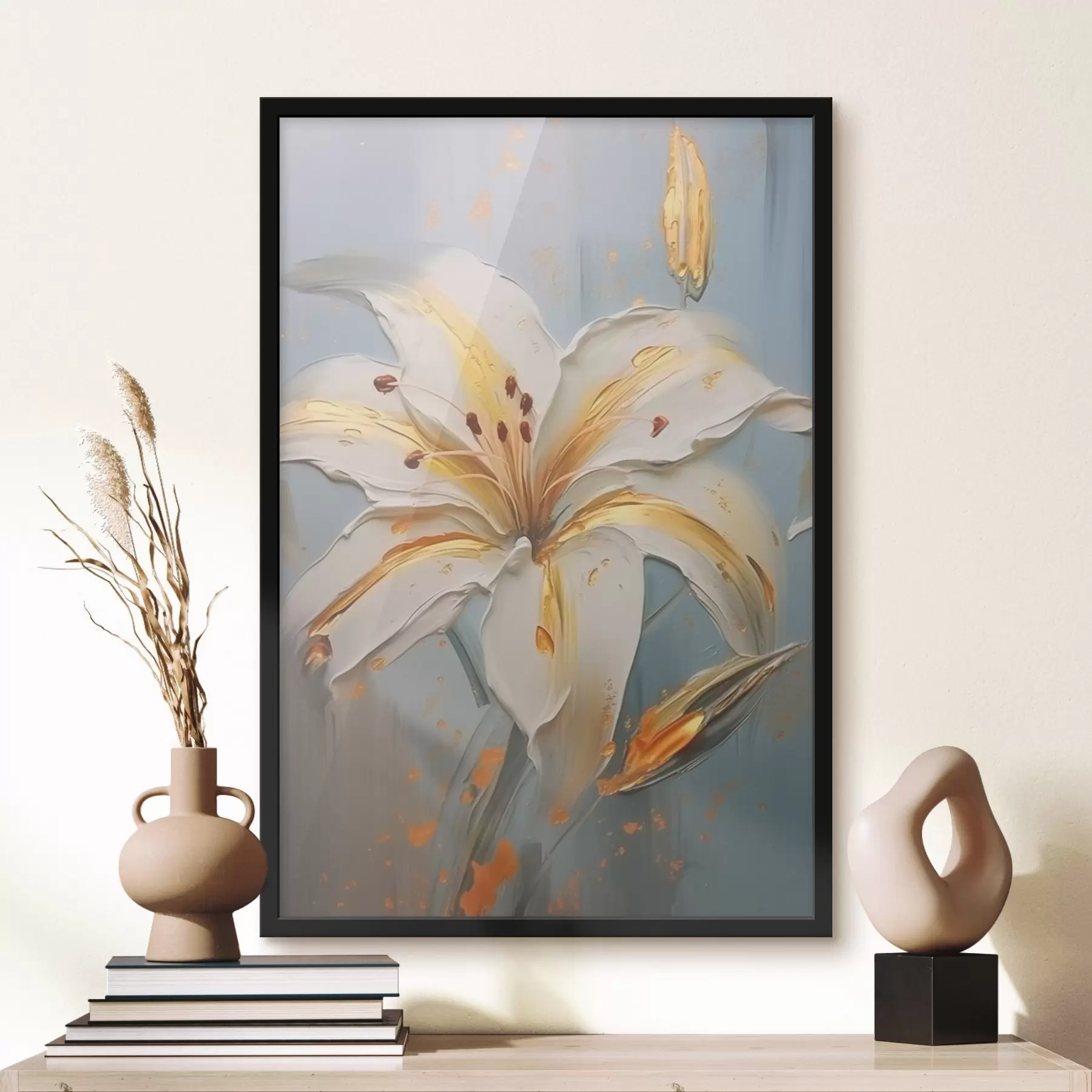 Fototapete Weiße Lilie mit gelben Strichen auf blauem Hintergrund f45077