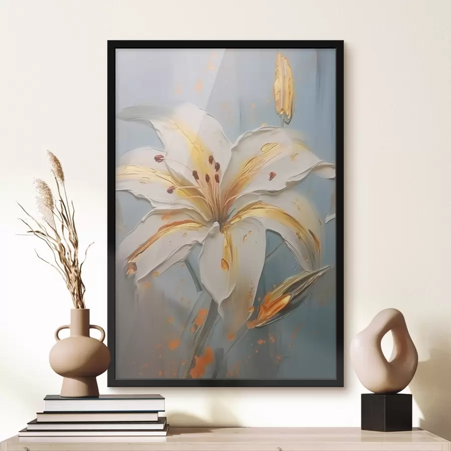 Fototapete Weiße Lilie mit gelben Strichen auf blauem Hintergrund f45077