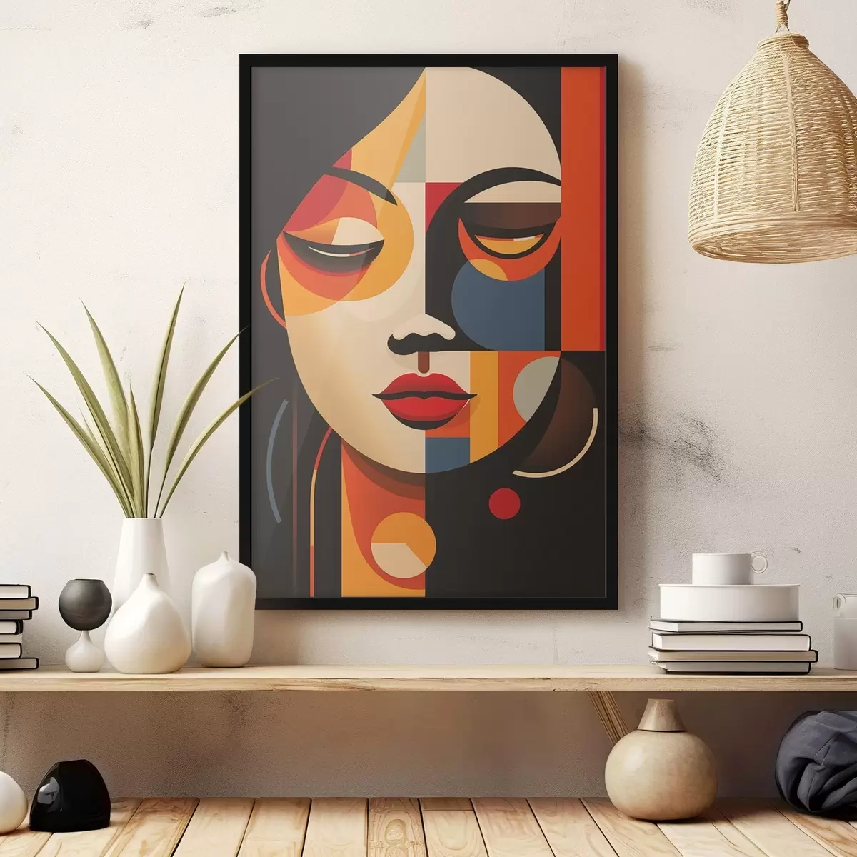 Poster Geometrisches weibliches Gesicht in warmen Farben f45087