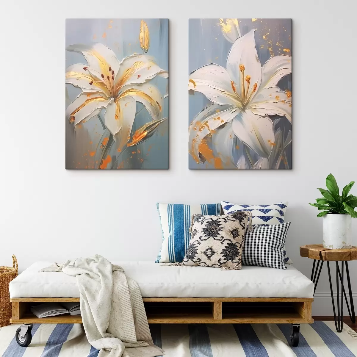 Wandbilder Weiße Lilien mit gelben Strichen auf blauem Hintergrund m00497
