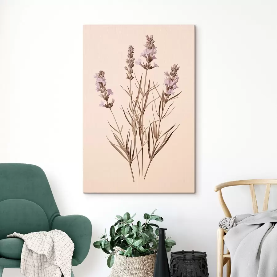Wandbilder lavendel, botanisch, beige Hintergrund, zart lila, Blätter, floral, natürlich, Stiel s45100