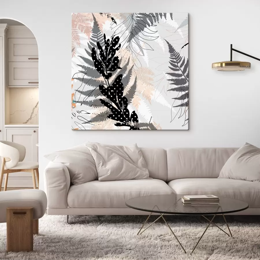 Wandbilder naturdruck, dekoratives Blattwerk, Dschungel-Mix, Farnformen, neutrale Farbpalette, Blattkunst s45104