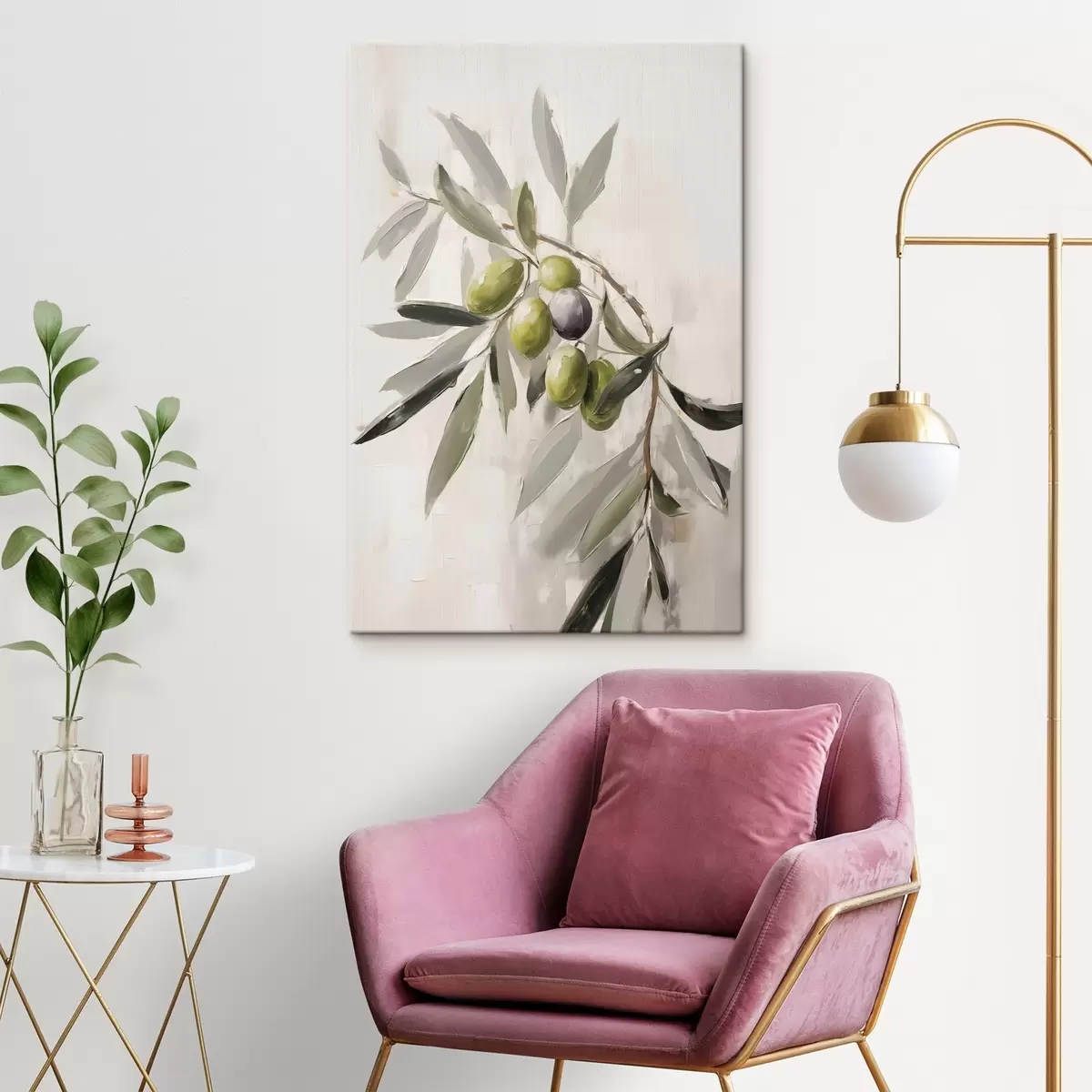 Wandbilder grüne Oliven, Zweigdetail, leichter Hintergrund, organisch, natürliche Palette, rustikal s45110