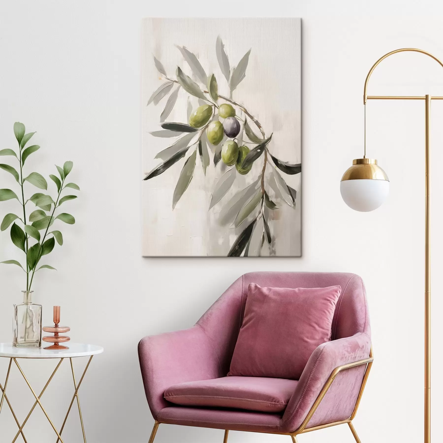 Wandbilder grüne Oliven, Zweigdetail, leichter Hintergrund, organisch, natürliche Palette, rustikal s45110