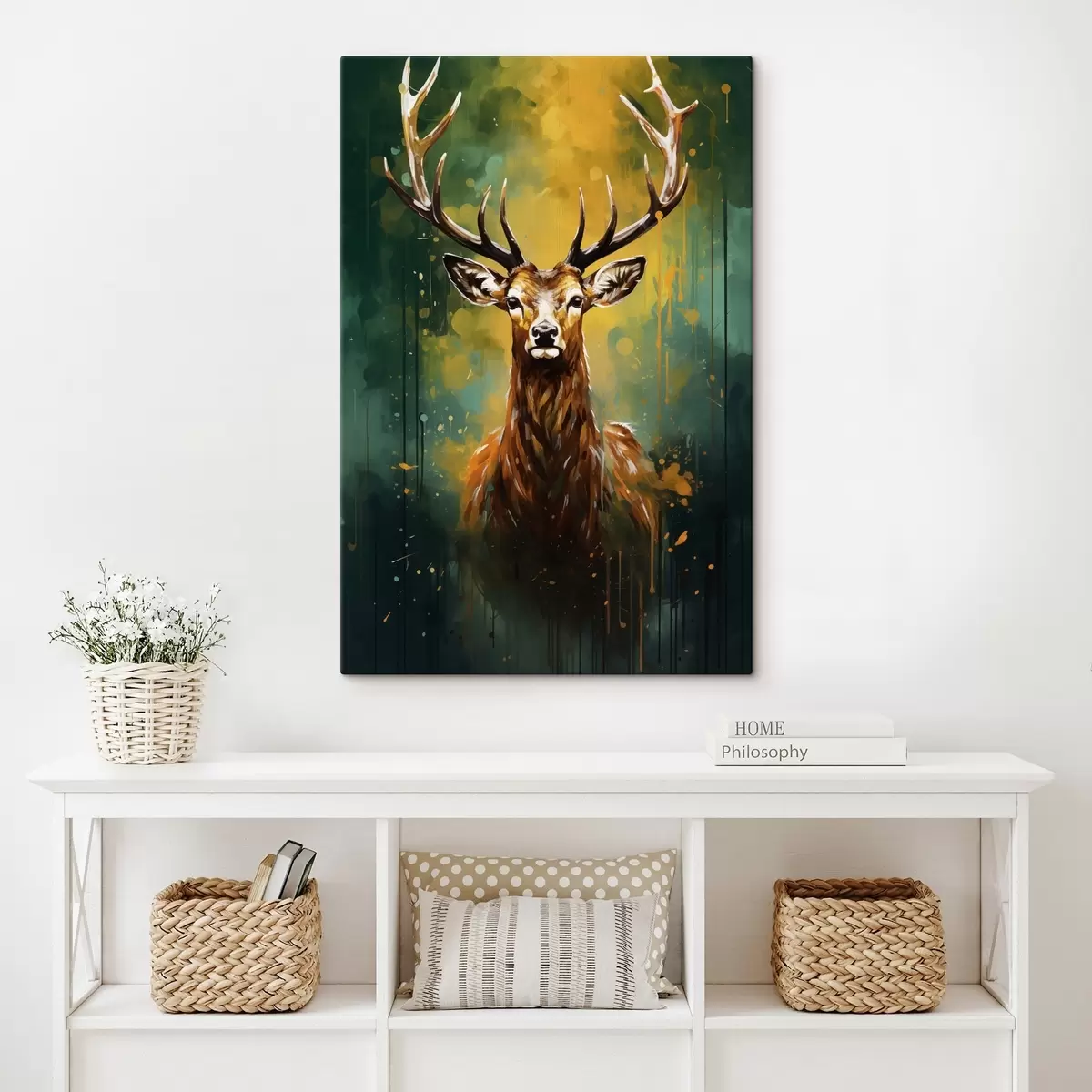 Wandbilder hirsch, Geweih, waldgrün, orangefarbener Spritzer, Tierporträt, Farbtropfen, fett, Wildtiere s45111