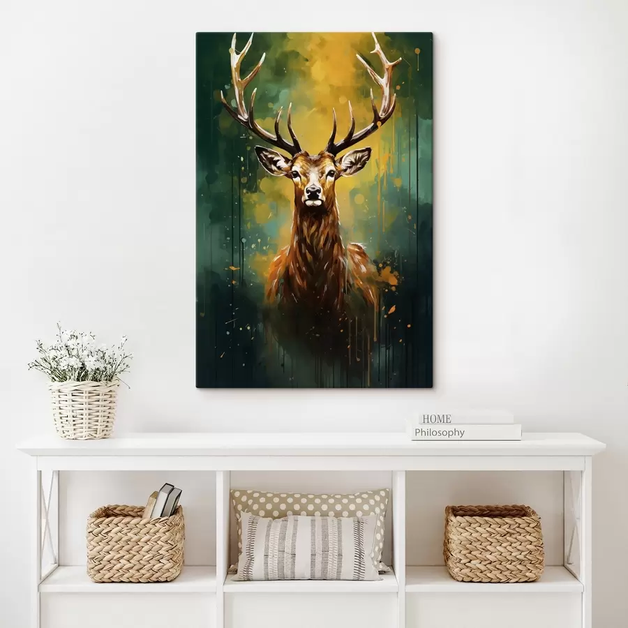 Wandbilder hirsch, Geweih, waldgrün, orangefarbener Spritzer, Tierporträt, Farbtropfen, fett, Wildtiere s45111