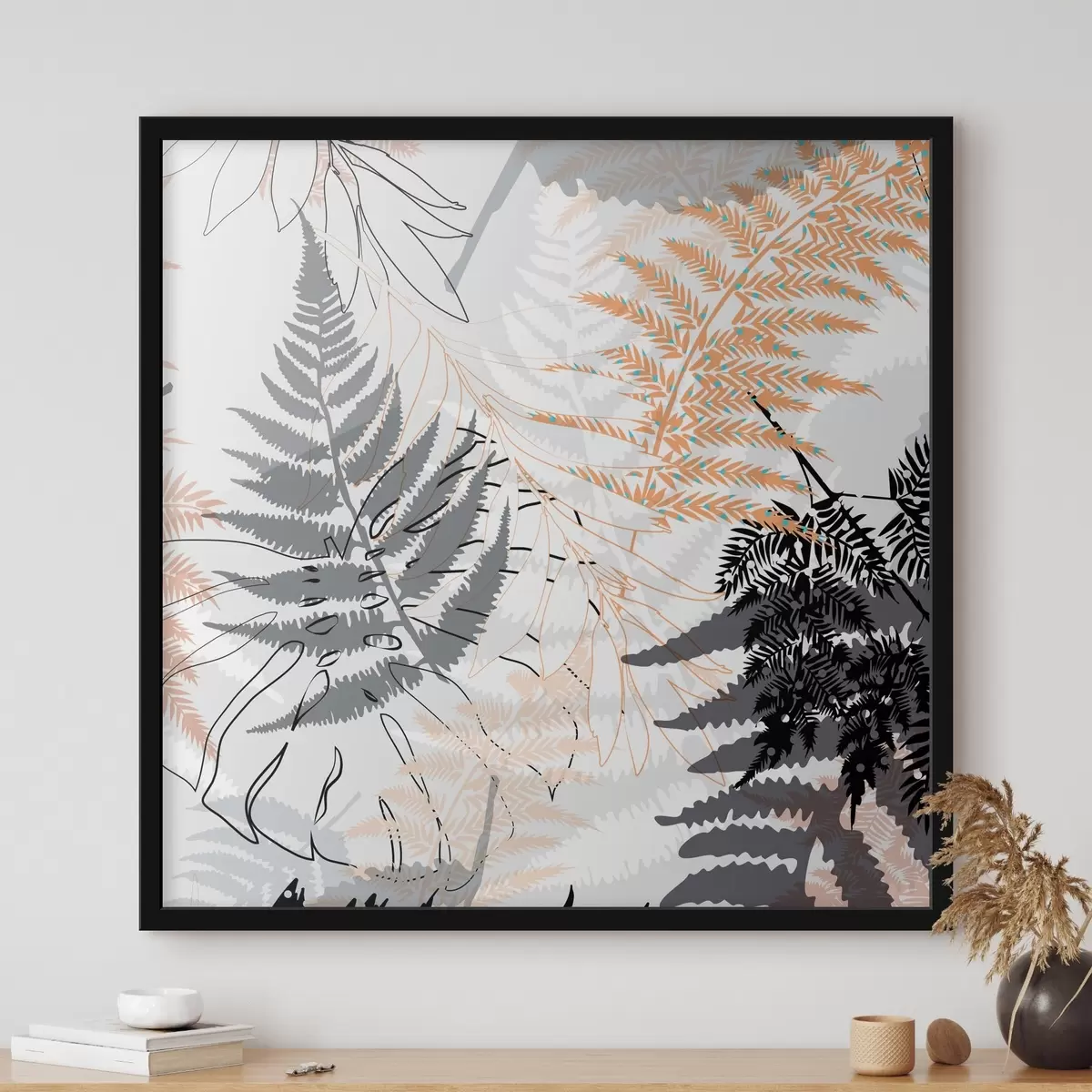 Poster farn, abstrakte Blätter, Muster, flaches Design, Kontrast, Grautöne, botanisch, Overlay f45101