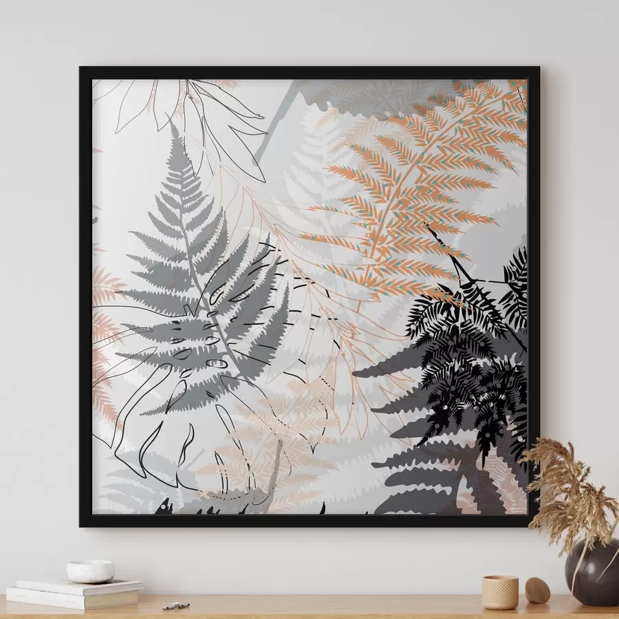 Fototapete farn, abstrakte Blätter, Muster, flaches Design, Kontrast, Grautöne, botanisch, Overlay f45101