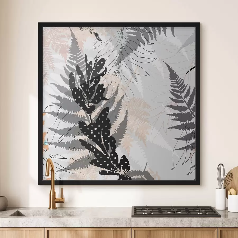 Fototapete naturdruck, dekoratives Blattwerk, Dschungel-Mix, Farnformen, neutrale Farbpalette, Blattkunst f45104