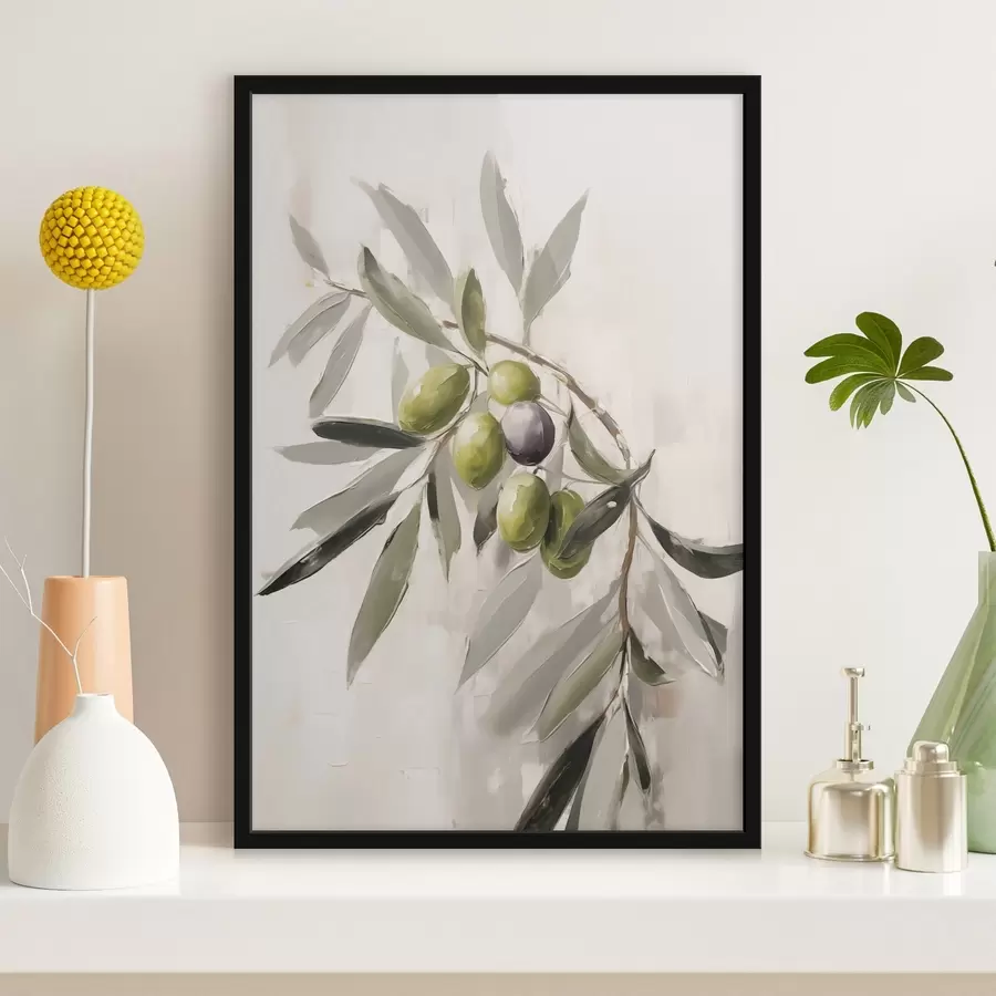 Fototapete grüne Oliven, Zweigdetail, leichter Hintergrund, organisch, natürliche Palette, rustikal f45110