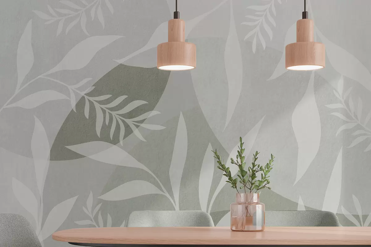 Fototapete Silhouetten von Zweigen auf einem Hintergrund von abstrakten Kreisen, Schattierungen von Grün w04270v2