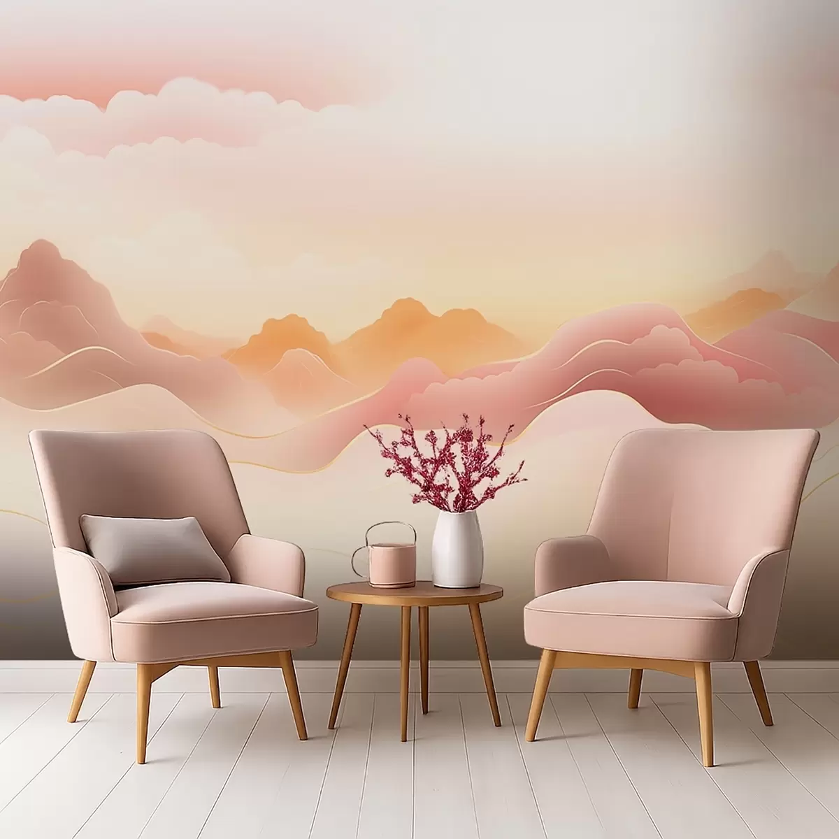 Fototapete Neblige Berge unter einem warmen Sonnenaufgang w09242