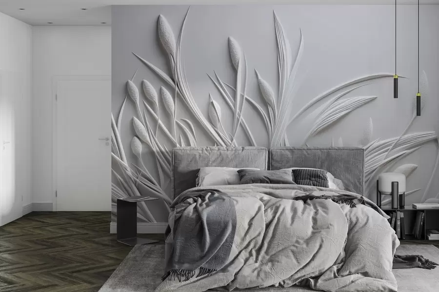 Fototapete Flachrelief mit zarten Blättern und Pampas w04247