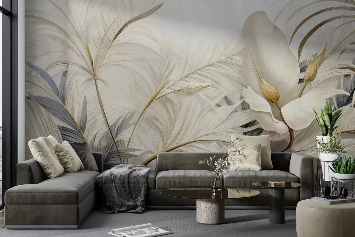 Fototapete Tropische Pflanzen an einer Betonwand w04249