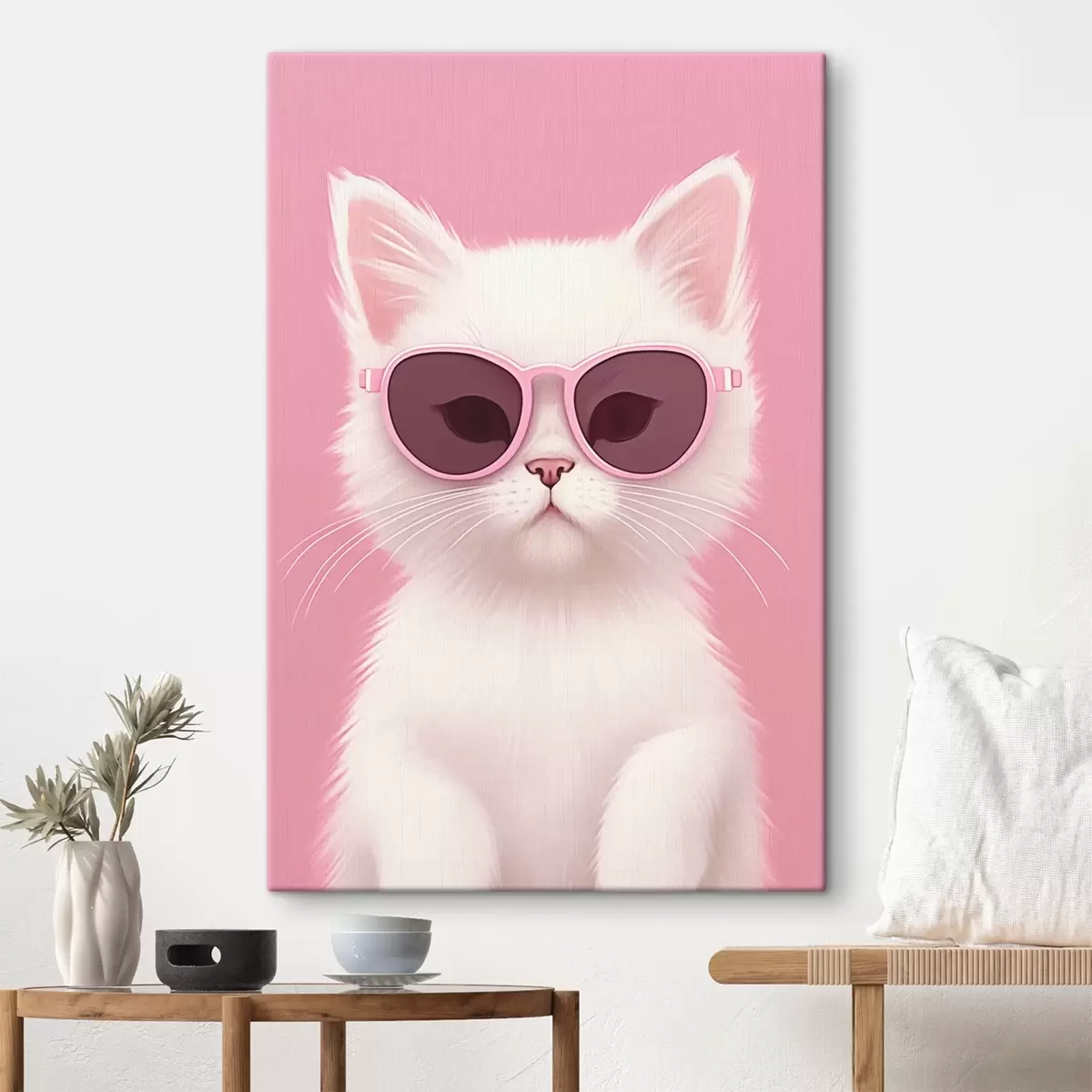 Wandbilder Weiße Katze mit rosa Brille s45145