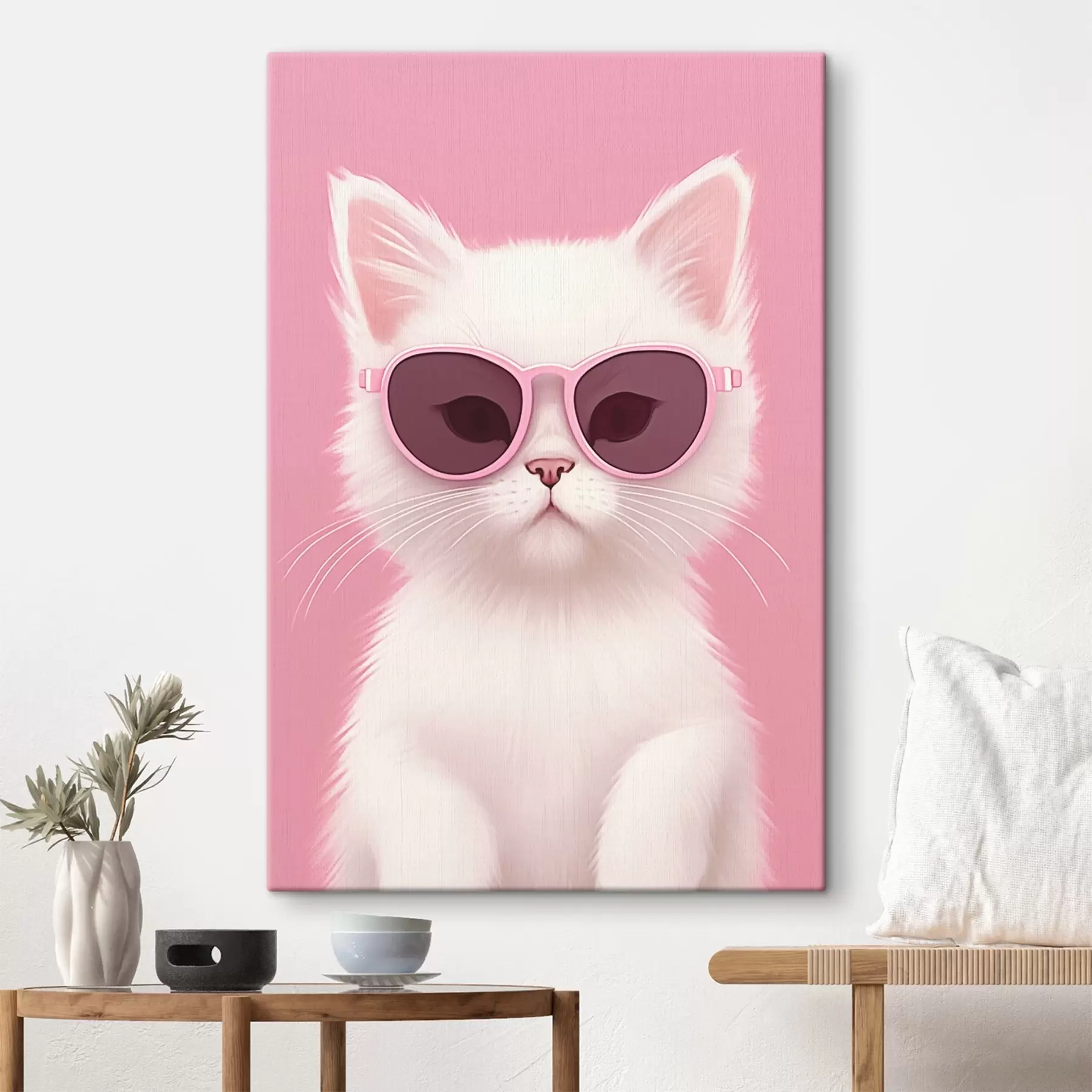 Wandbilder Weiße Katze mit rosa Brille s45145