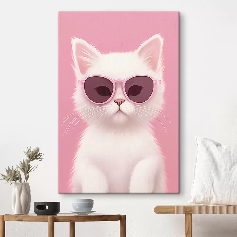 Wandbilder Weiße Katze mit rosa Brille s45145