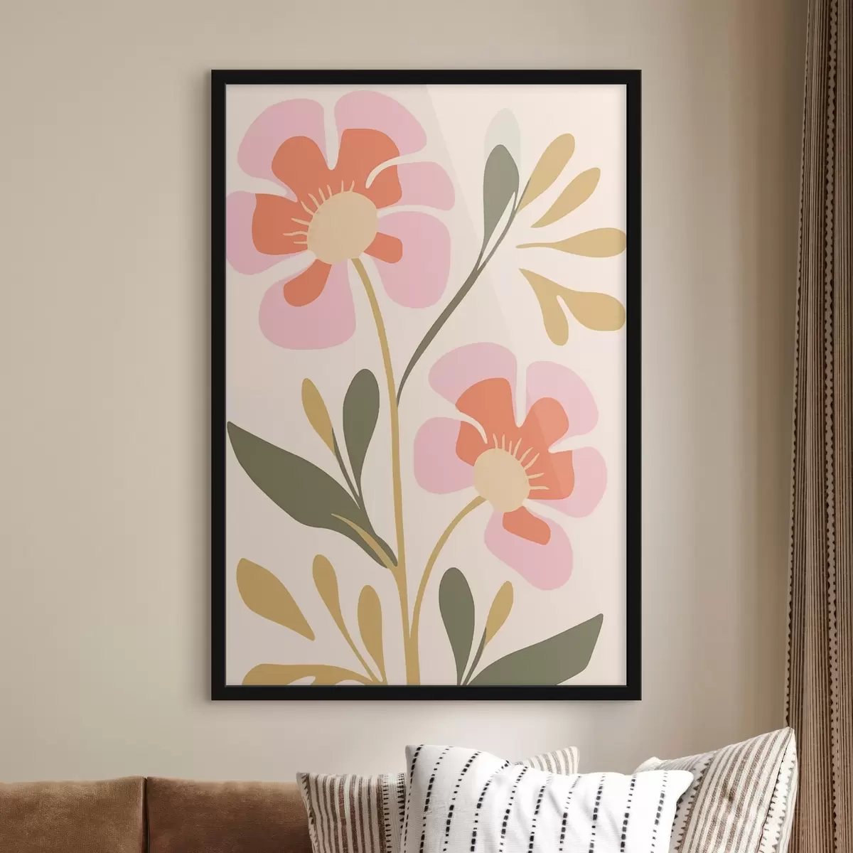 Poster Stilisierte rosa und orange Blumen mit grünen Blättern f45140