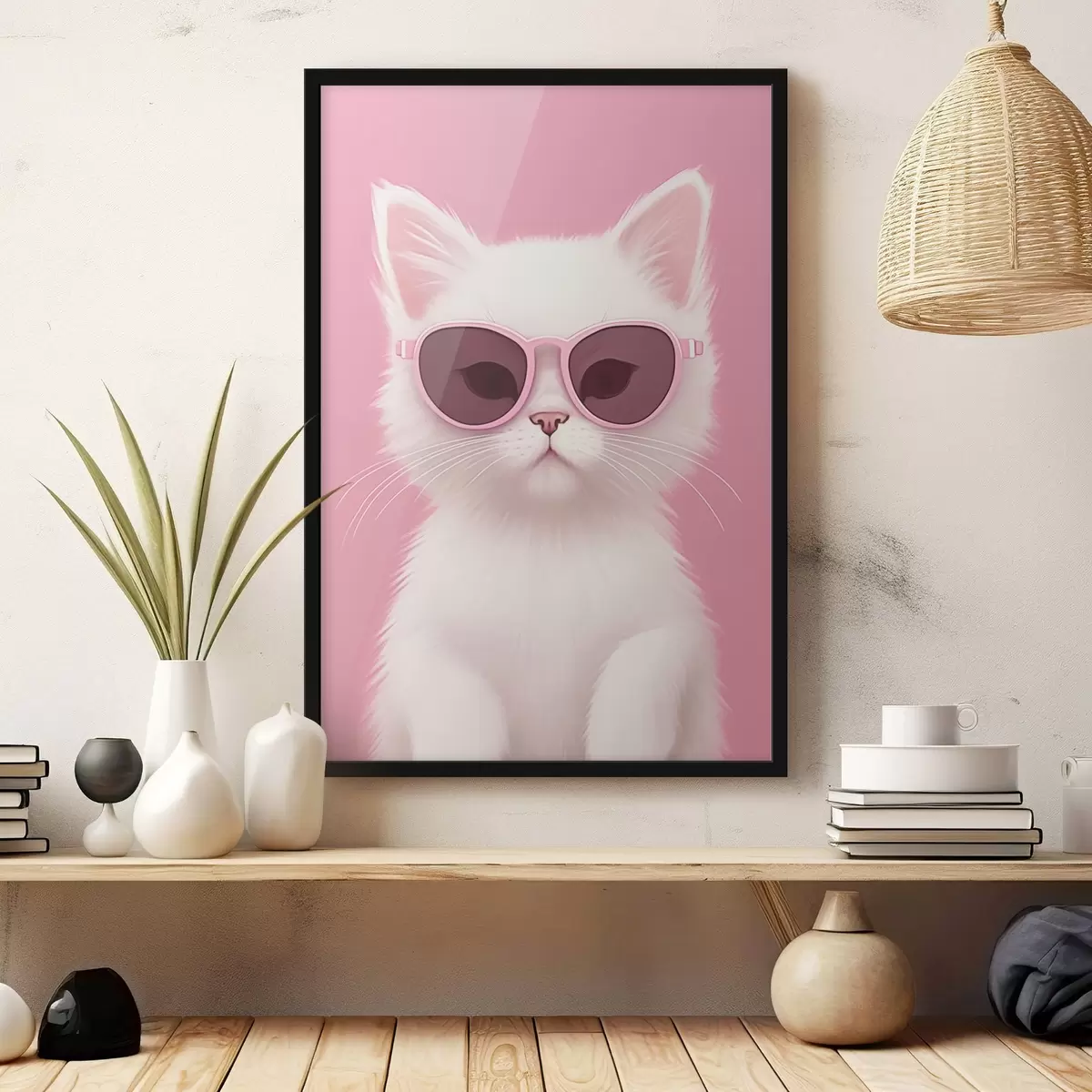 Poster Weiße Katze mit rosa Brille f45145