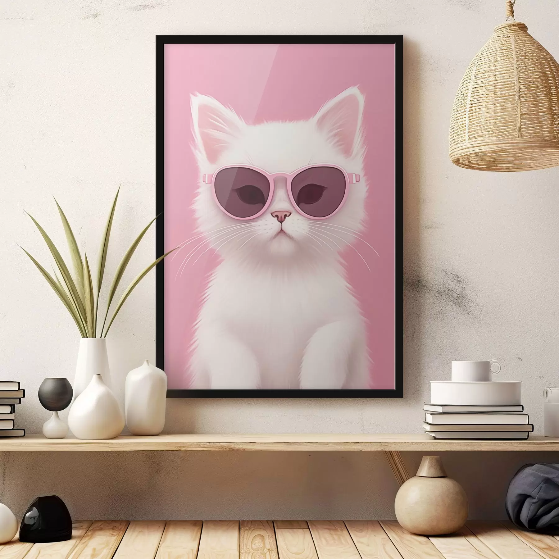 Fototapete Weiße Katze mit rosa Brille f45145