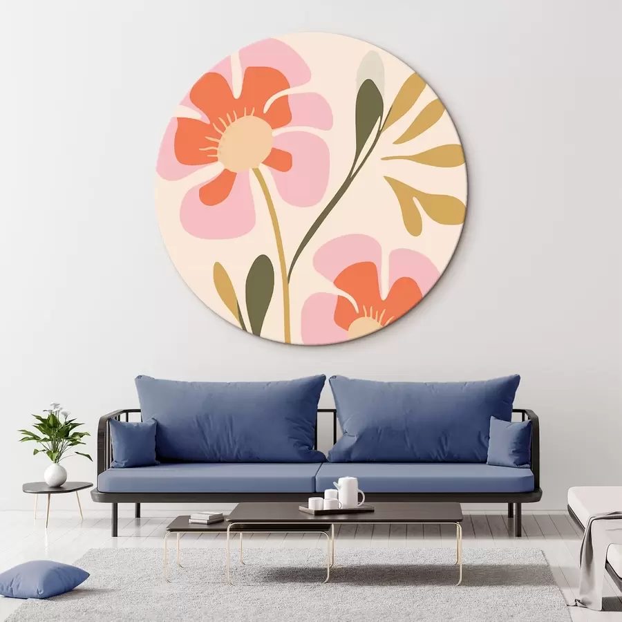 Wandbilder Stilisierte rosa und orange Blumen mit grünen Blättern r45140