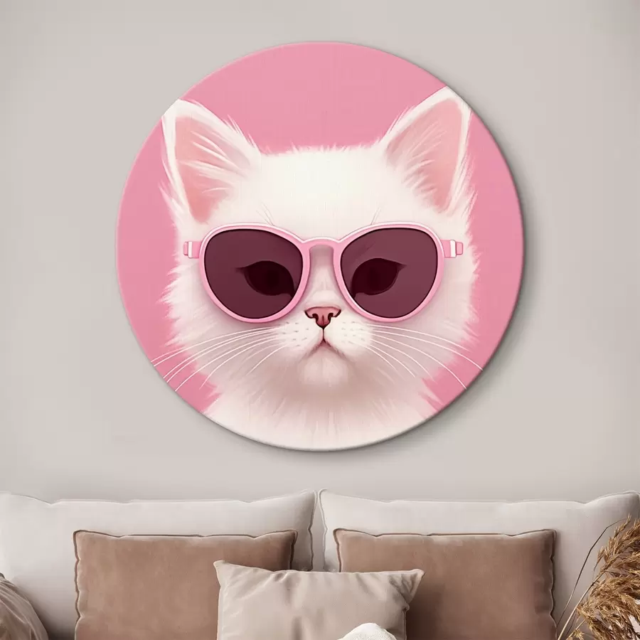 Wandbilder Weiße Katze mit rosa Brille r45145