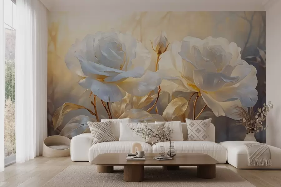 Fototapete Weiße strukturierte Rosen mit gelben Stielen und Blättern, weiche Beleuchtung, heller Hintergrund mit unscharfen floralen Formen w09258