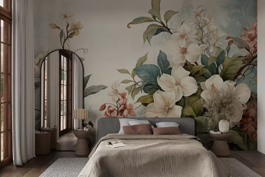 Fototapete Texturierte tropische Blumen und Blätter in sanften Blau- und Grüntönen, zarte Pinselstriche, botanischer Vintage-Stil w09259