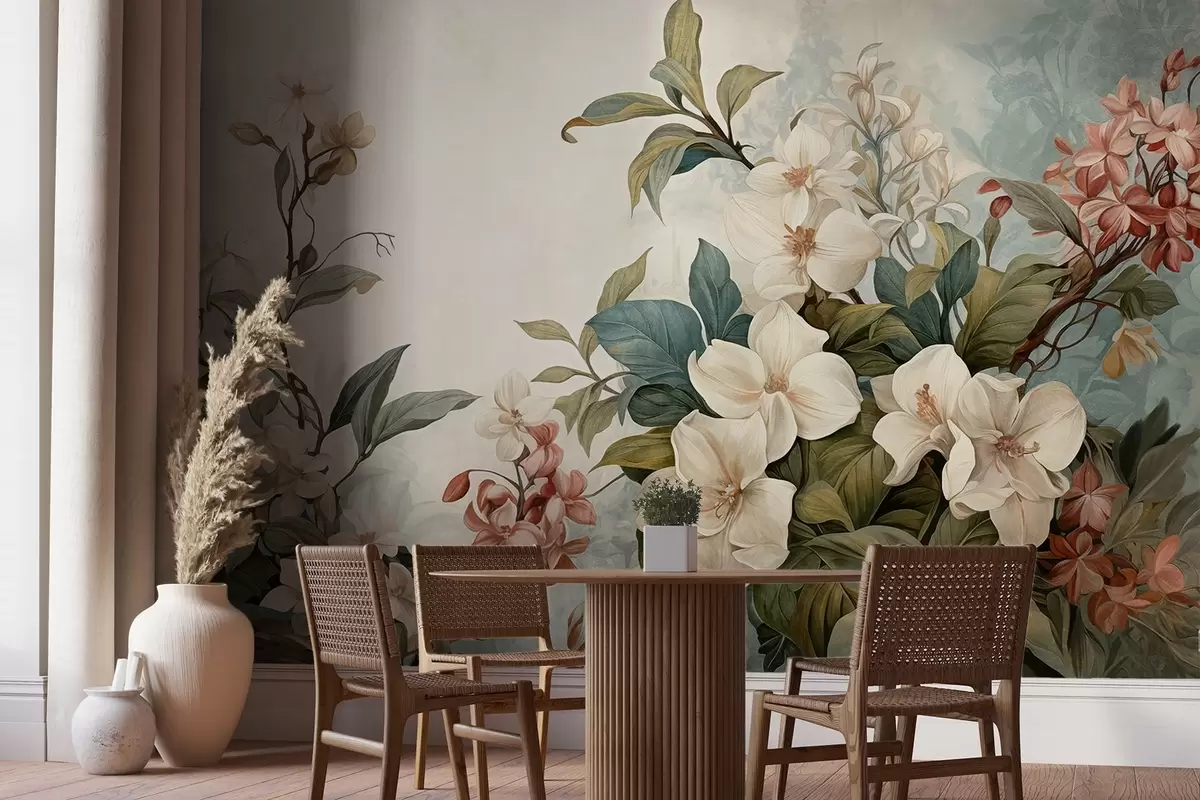 Fototapete Texturierte tropische Blumen und Blätter in sanften Blau- und Grüntönen, zarte Pinselstriche, botanischer Vintage-Stil w09259