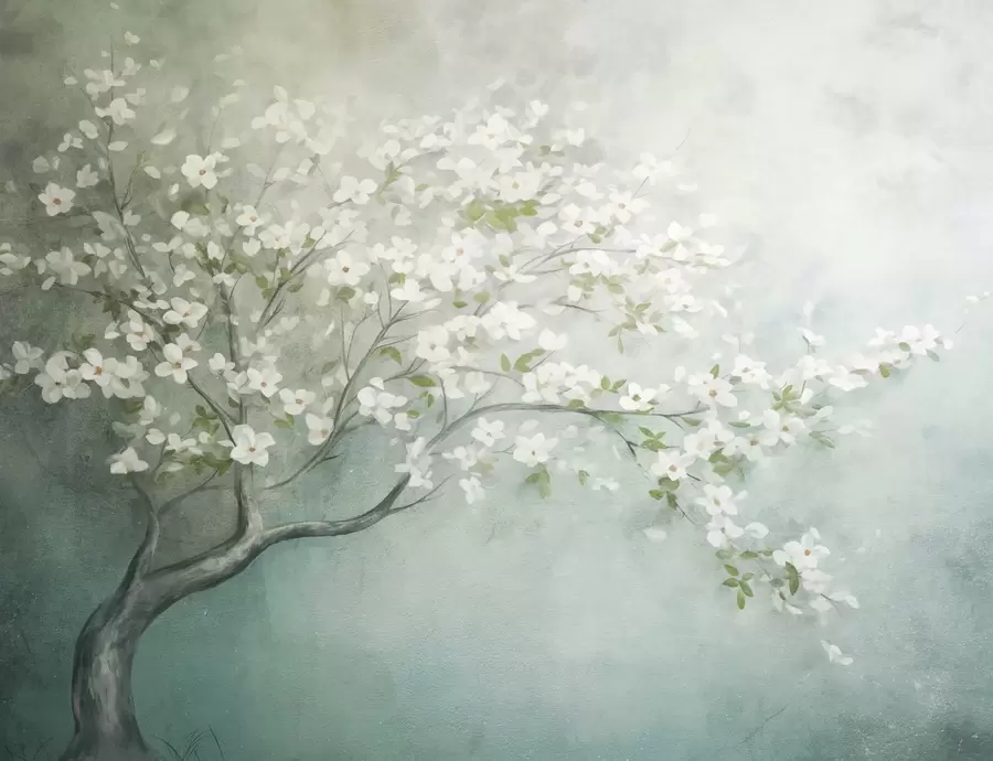 Fototapete Ein blühender Baum mit weißen Blüten in voller Blüte, vor einem körnigen, lauten, strukturierten Hintergrund in gedämpftem Blau und Grün w09261
