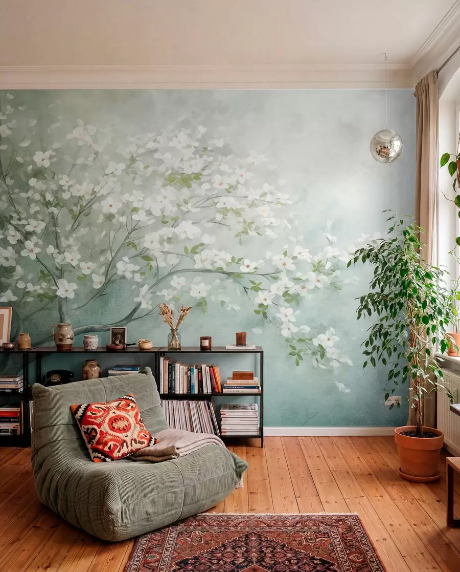 Fototapete Ein blühender Baum mit weißen Blüten in voller Blüte, vor einem körnigen, lauten, strukturierten Hintergrund in gedämpftem Blau und Grün w09261
