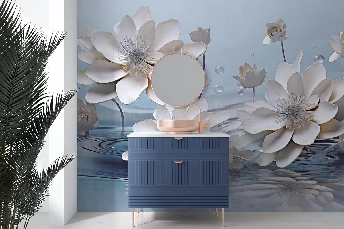 Fototapete Weiße strukturierte Blumen mit Wassertropfen, Reflexionen auf der Wasseroberfläche, hellblauer Hintergrund, elegantes Design w09262