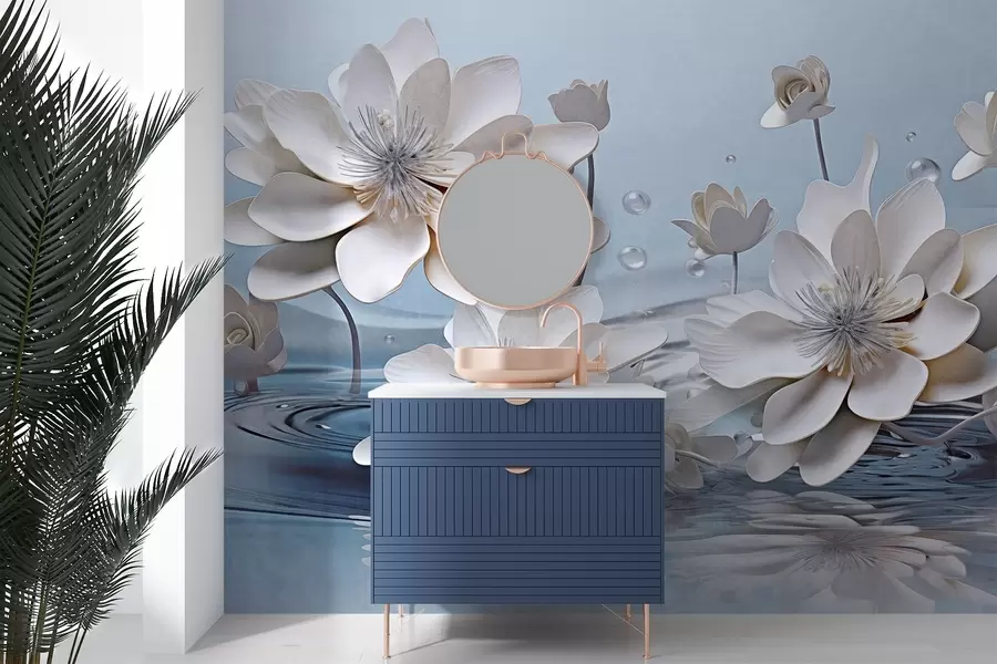 Fototapete Weiße strukturierte Blumen mit Wassertropfen, Reflexionen auf der Wasseroberfläche, hellblauer Hintergrund, elegantes Design w09262